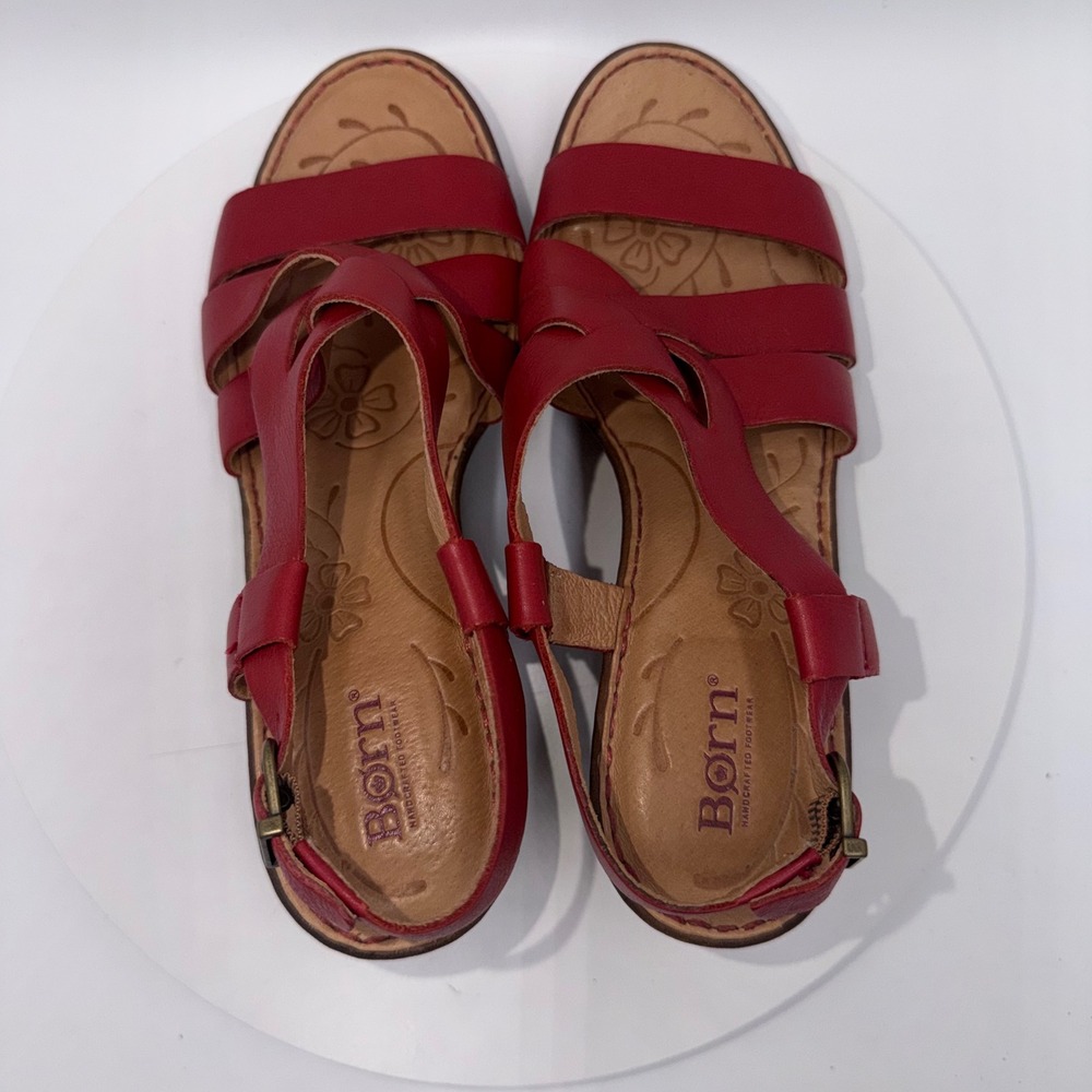 Born Carmo Red Leather Strappy Wedge Sandals Womens 9M - Picture 5 of 8
